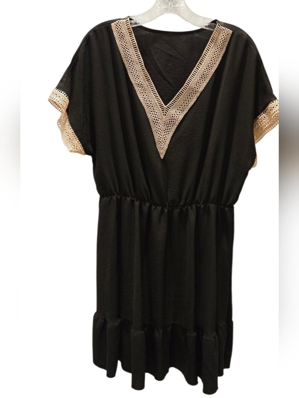 SHEIN Women's XL Black Boho Babydoll Dress with Cream Crochet V-Neck and S/S - Picture 3 of 11